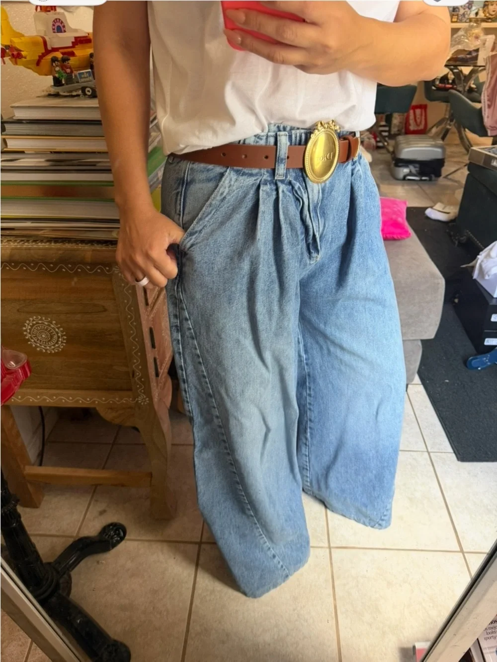 Free People Pleated Wide Leg  Denim Jeans